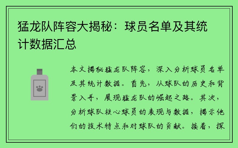 猛龙队阵容大揭秘：球员名单及其统计数据汇总