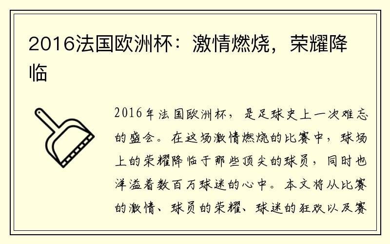 2016法国欧洲杯：激情燃烧，荣耀降临