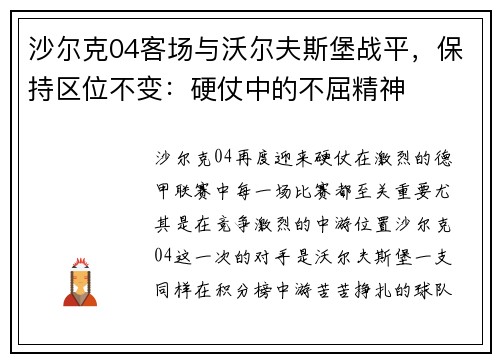 沙尔克04客场与沃尔夫斯堡战平，保持区位不变：硬仗中的不屈精神